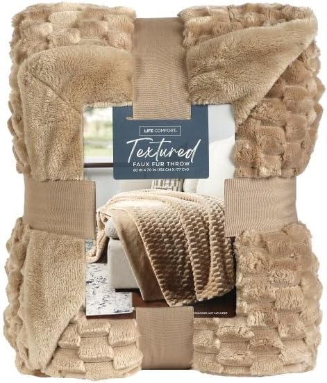 Life Comfort Decorative Premium Mixed Yarn Throw in beige textured faux fur, 60 by 70 inches, folded on a sofa