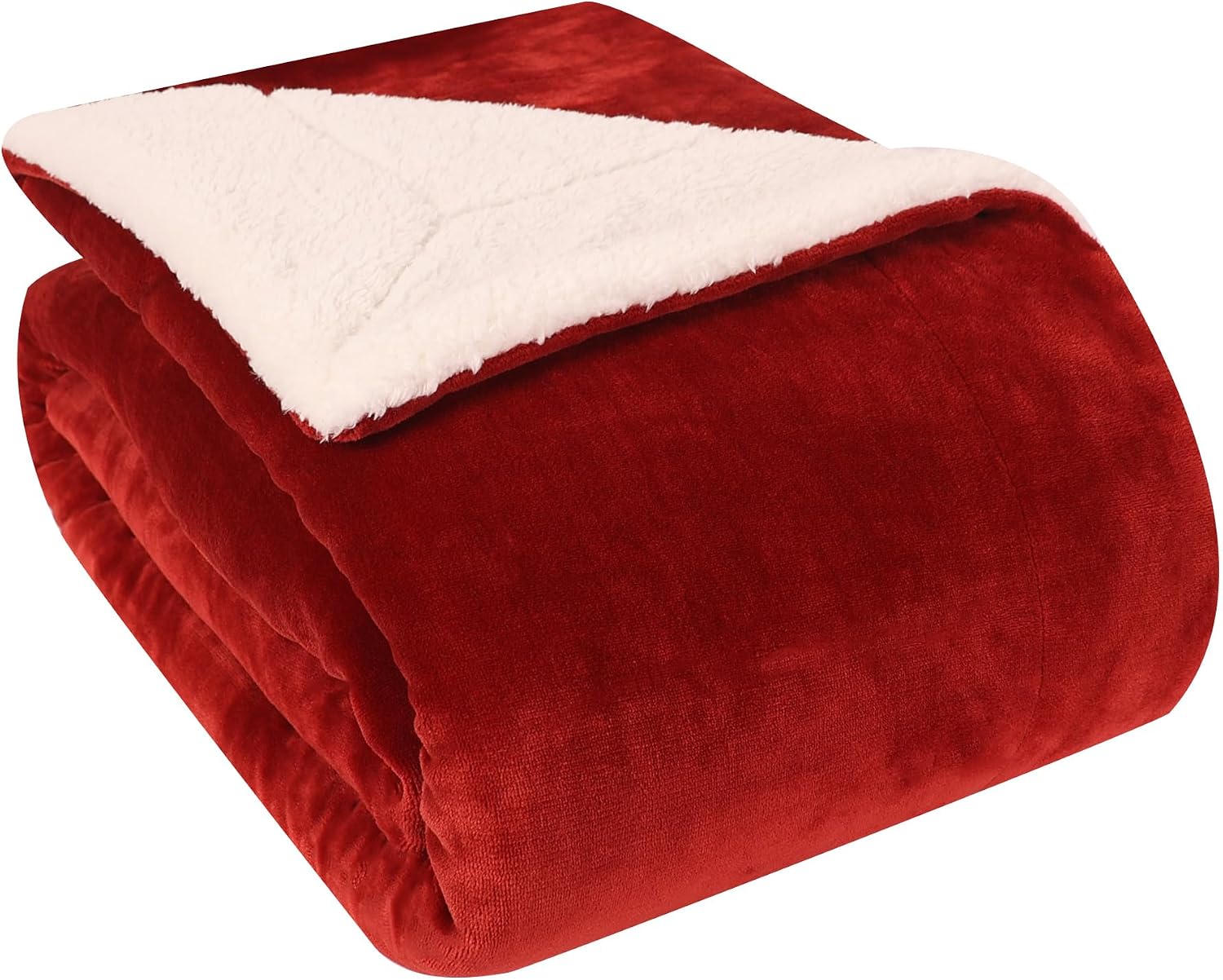 Life Comfort Ultimate Sherpa Plush Polyester Blanket in red, 90 by 90 inches, on a bed